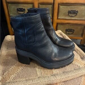 Black Leather Lug Sole Ankle Boots